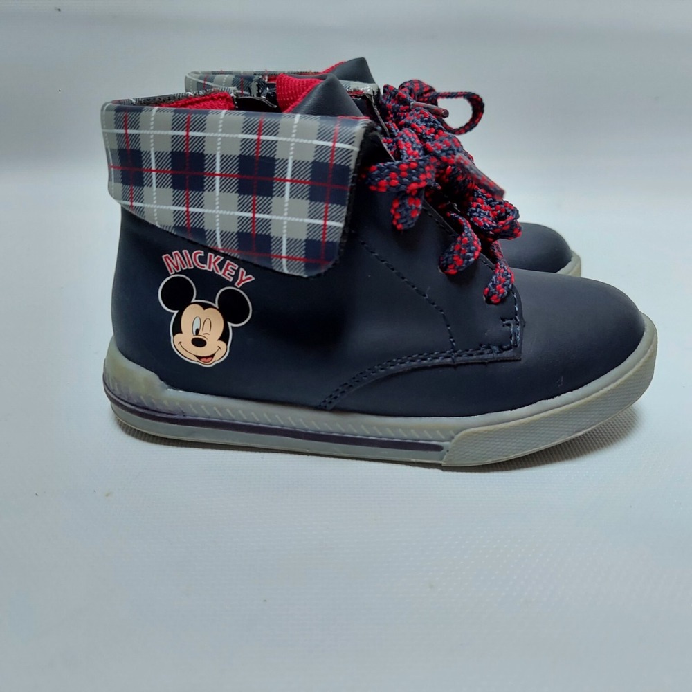 Disney Boys Mickey Mouse Boots Size 9 Navy Blue Preppy Plaid Trim Side Zip - Picture 8 of 11